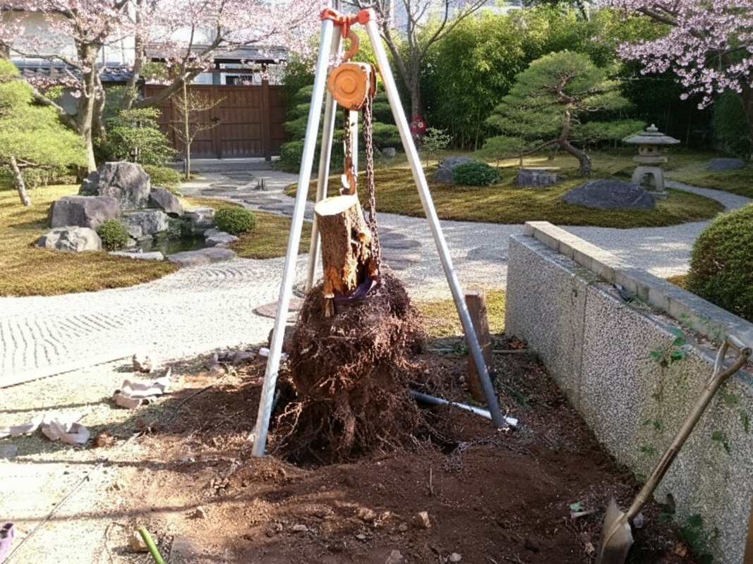 チェーンブロックで切り株を引き上げる